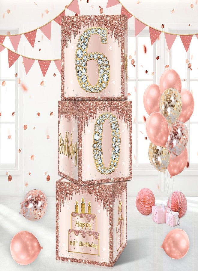 Guiruiy 3 Packs Pink Rose Gold 60th Birthday Balloon Boxes, 10.6 x 10.6 x 10.6 inches, Happy 60th Birthday Decorations for Women - Image 1